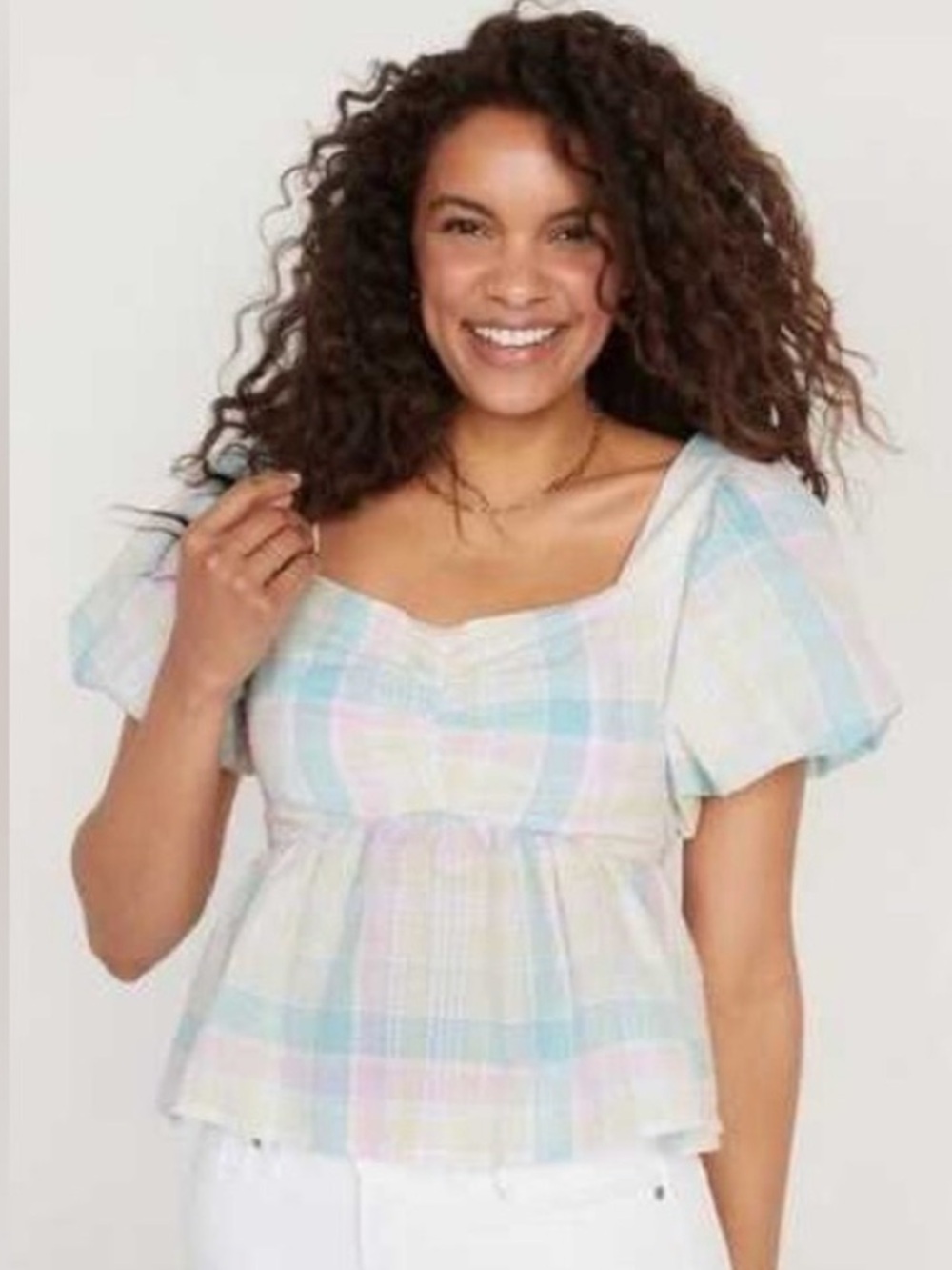 Old Navy Puff Sleeve Smocked Seersucker Babydoll Blouse NWOT Size Small
